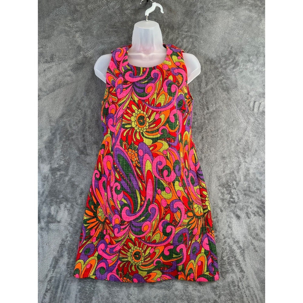 Julie Brown Mini Dress Sz 2 Multicolor Psychedelic Abstract Shift Retro Groovy